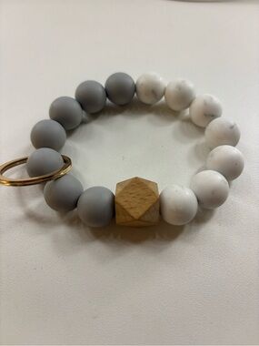 Gray and White Beaded Wrist Key Holder with Wood Accent